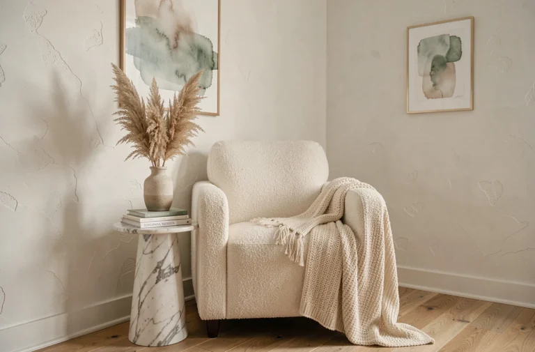 Salon scandinave décoré avec un fauteuil bouclé crème, une table en marbre et des herbes de pampa séchées dans un vase en céramique