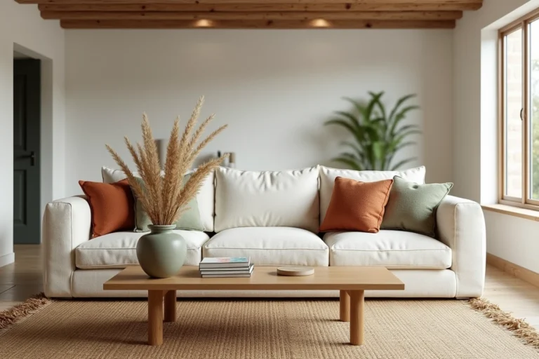 Salon scandinave moderne avec canapé en lin crème, coussins terracotta et vert sauge, table basse en chêne et herbes de pampa séchées dans un vase en céramique