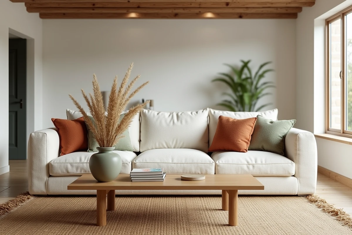 Salon scandinave moderne avec canapé en lin crème, coussins terracotta et vert sauge, table basse en chêne et herbes de pampa séchées dans un vase en céramique