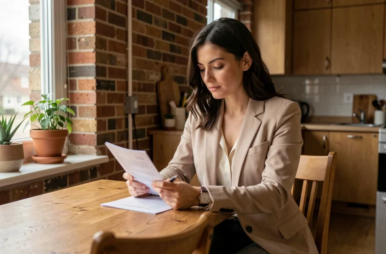 Femme signant un contrat de location immobilière dans un appartement moderne et chaleureux