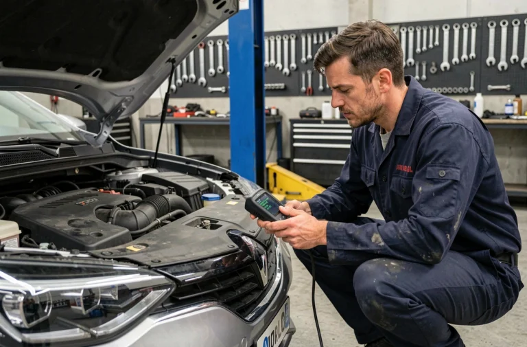 Technicien automobile diagnostiquant un code erreur DTC sur une Renault avec un scanner OBD-II dans un atelier professionnel