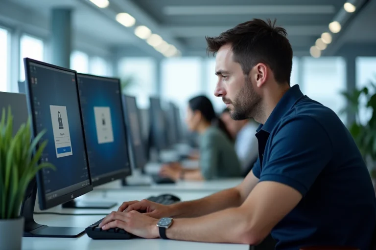 Technicien informatique résolvant un problème d'accès ID AC Versailles sur un poste de travail administratif