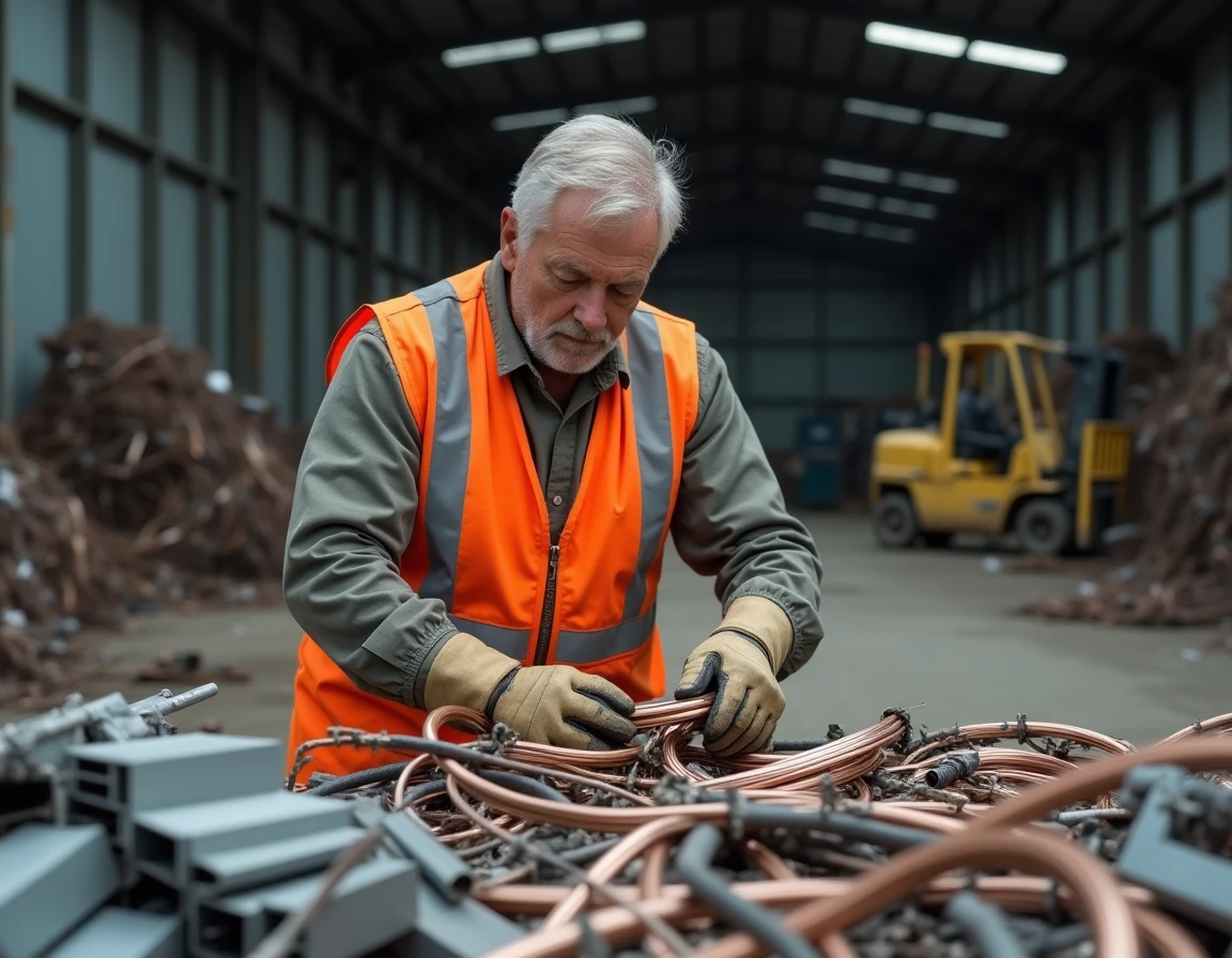 Ouvrier triant des métaux ferreux et non ferreux sur le site de recyclage Derichebourg