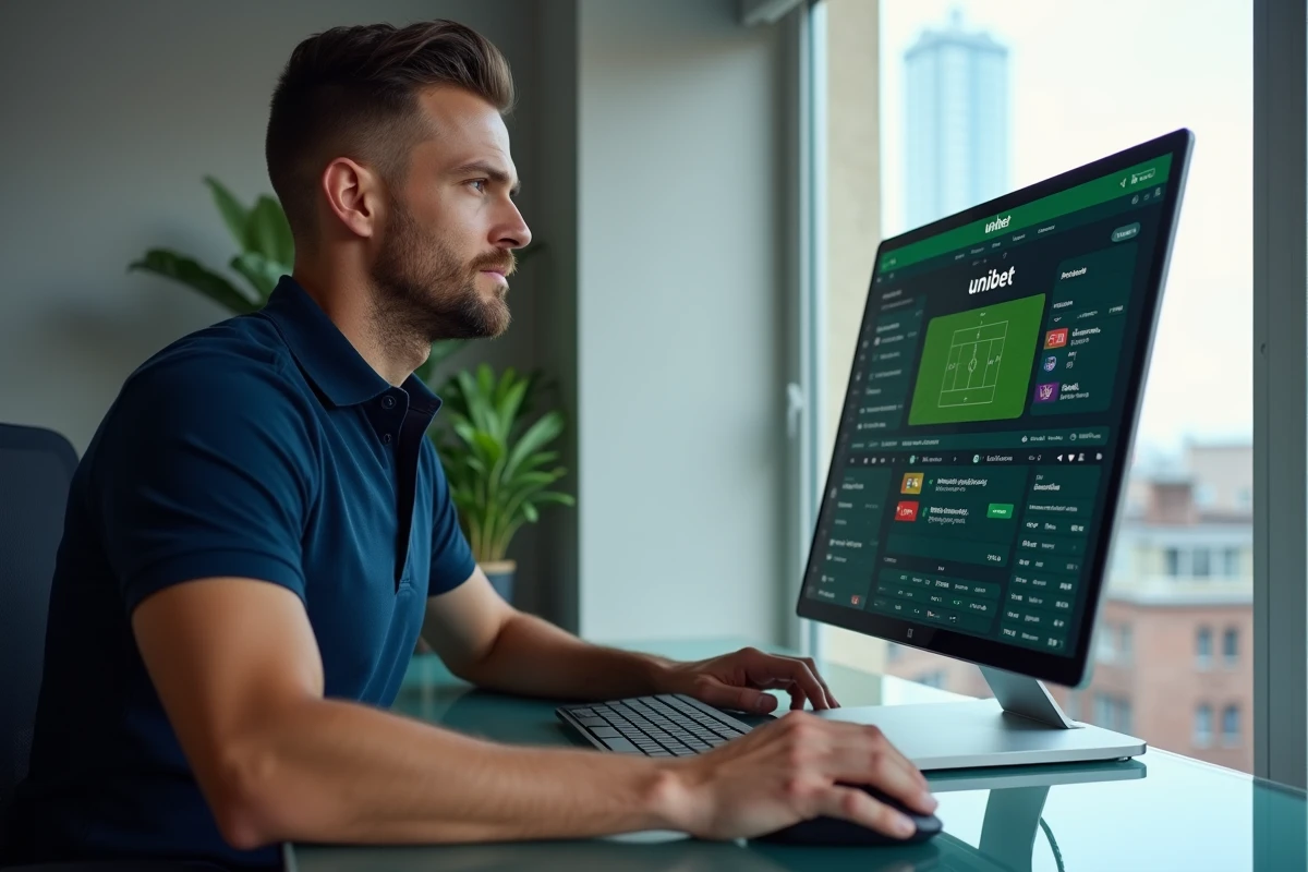 Un homme utilise le site de paris sportifs Unibet sur un grand écran d'ordinateur dans un bureau moderne