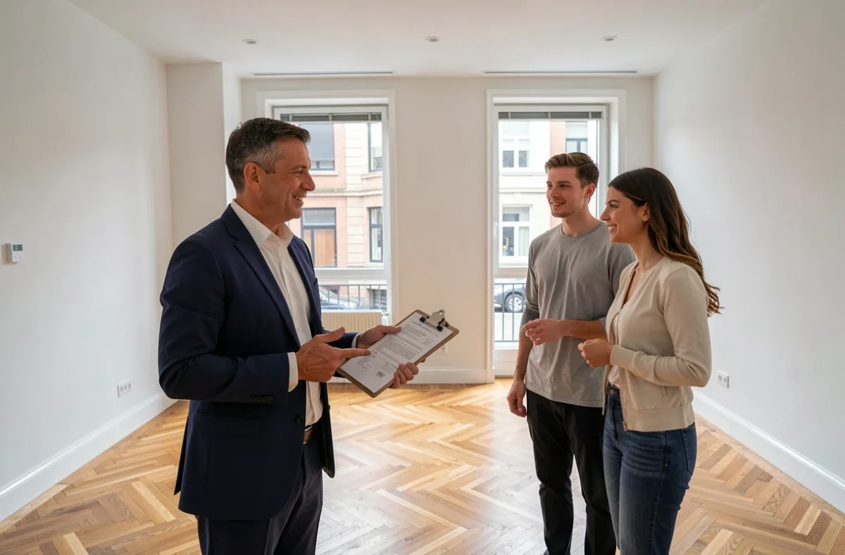 Agent immobilier présentant un appartement vide à des locataires potentiels lors d'une visite