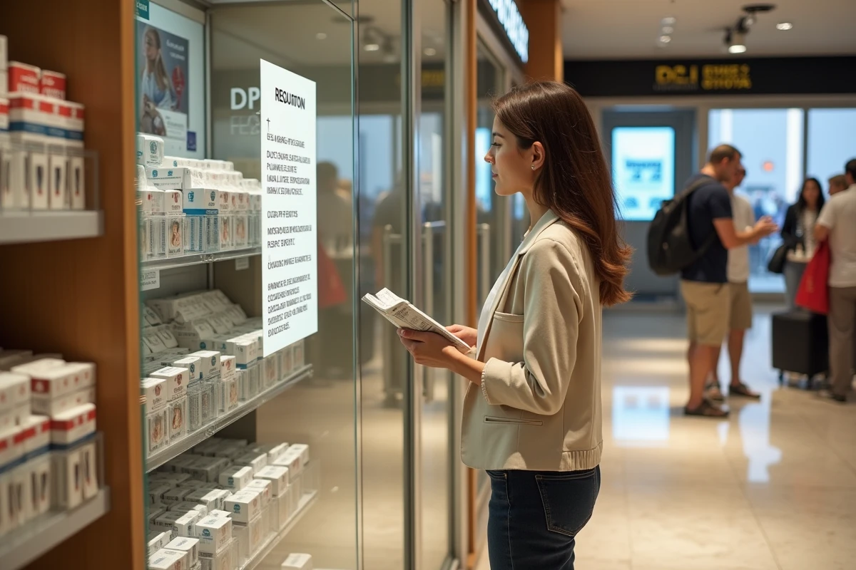 Voyageuse lisant la réglementation sur les cartouches de cigarettes dans un duty-free espagnol