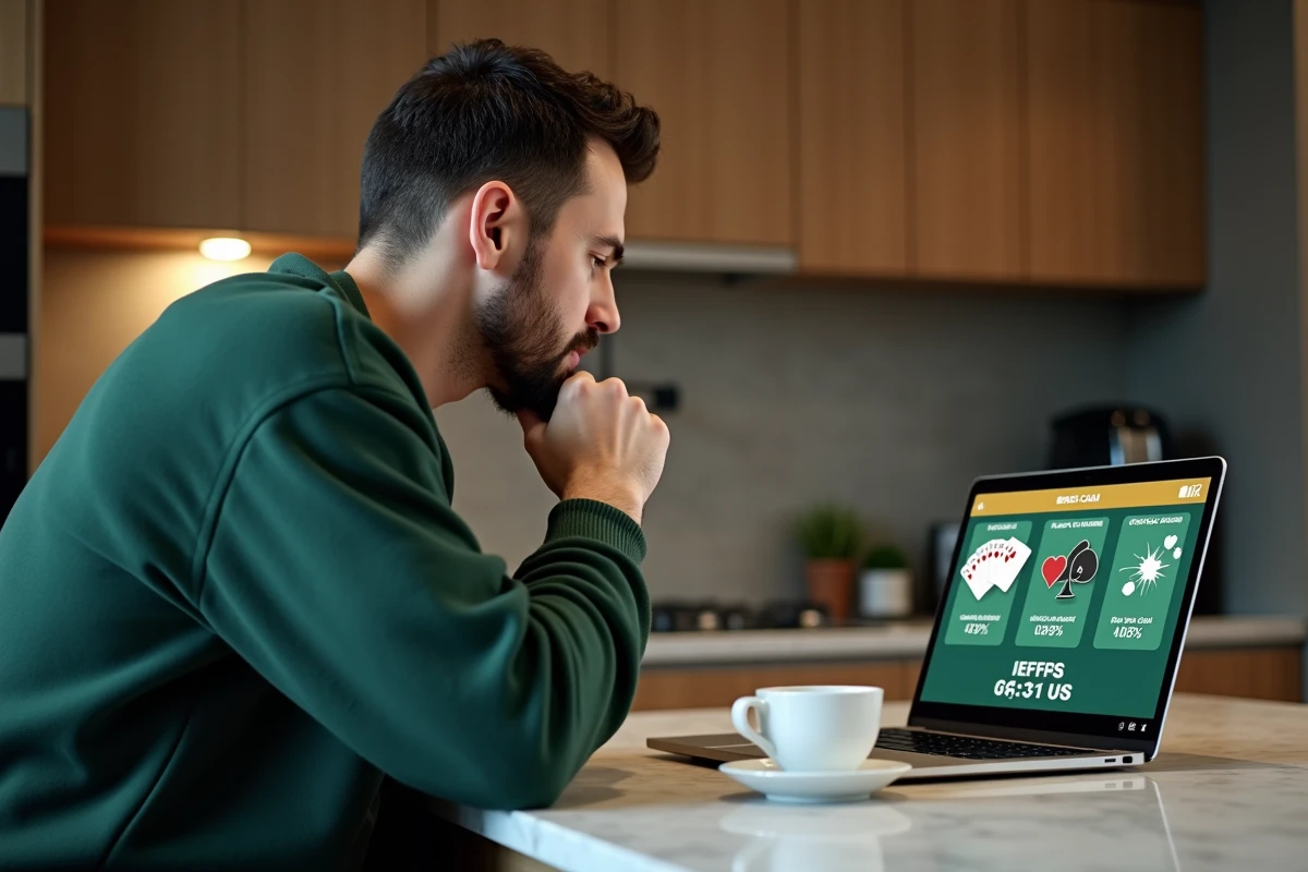 Un homme examine les cotes et le bonus cash de Winamax sur son ordinateur portable dans une cuisine moderne