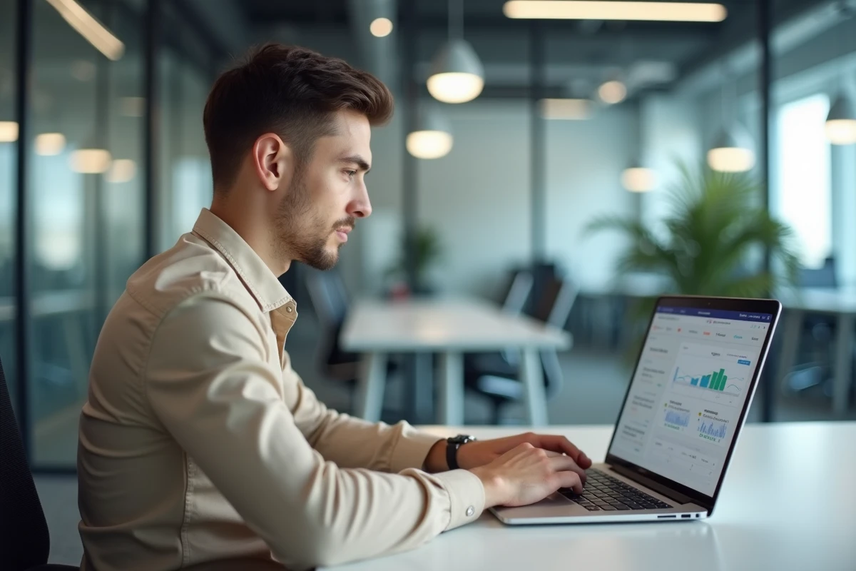 Un jeune professionnel travaille sur un tableau de bord B2B de ZEbet dans un bureau ouvert et moderne